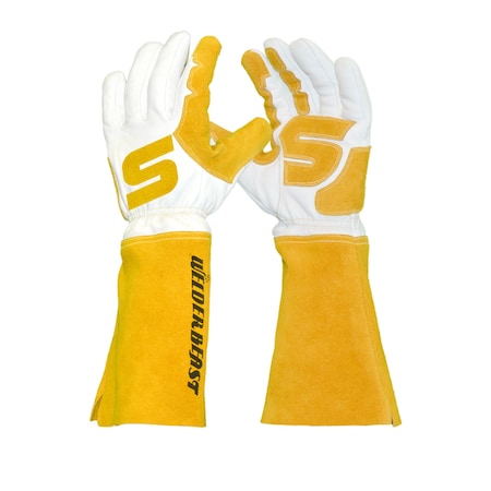 Welderbeast Goatskin Hybrid Welding Gloves, White W/Yellow 9 Split Grain Cuff, M